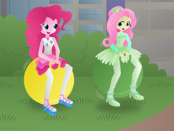 Size: 2816x2112 | Tagged: safe, artist:lavenderrain24, fluttershy, pinkie pie, equestria girls, g4, geode of sugar bombs, high res, magical geodes, open mouth, space hopper