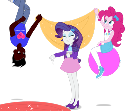 Size: 2596x2311 | Tagged: safe, artist:jasonpleas, pinkie pie, rarity, oc, oc:jukebox james, equestria girls, g4, clothes, dress, geode of sugar bombs, high heels, high res, magical geodes, shoes, space hopper