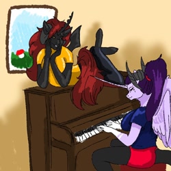 Size: 768x768 | Tagged: safe, artist:_goddesskatie_, oc, oc only, alicorn, changeling queen, anthro, unguligrade anthro, alicorn oc, changeling queen oc, clothes, duo, grin, horn, indoors, meme, musical instrument, piano, ponified meme, sitting, smiling, wings