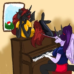 Size: 768x768 | Tagged: safe, artist:_goddesskatie_, oc, oc only, alicorn, changeling, changeling queen, anthro, unguligrade anthro, alicorn oc, changeling queen oc, clothes, duo, grin, horn, indoors, meme, musical instrument, piano, ponified meme, sitting, smiling, wings