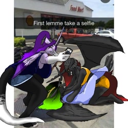 Size: 768x768 | Tagged: safe, artist:_goddesskatie_, oc, oc only, alicorn, changeling queen, anthro, unguligrade anthro, alicorn oc, car, cellphone, changeling queen oc, clothes, female, fight, horn, meme, outdoors, phone, ponified meme, selfie, smartphone, snapchat, strangling, wings