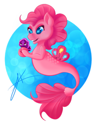 Size: 2190x2738 | Tagged: safe, artist:xenyu, pinkie pie, earth pony, pony, seapony (g4), g4, blue eyes, bubble, dorsal fin, female, fish tail, high res, ocean, open mouth, seaponified, seapony pinkie pie, seashell, signature, simple background, smiling, solo, species swap, tail, underwater, water