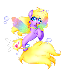 Size: 864x979 | Tagged: safe, artist:lacaty07, oc, oc only, pony, seapony (g4), blue eyes, bubble, colored wings, dorsal fin, female, fin wings, fish tail, flowing tail, horn, jewelry, multicolored wings, necklace, open mouth, seaponified, simple background, solo, species swap, tail, transparent background, wings