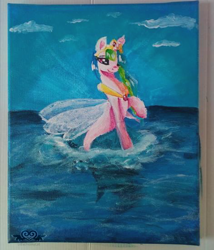 Size: 480x560 | Tagged: safe, artist:lionbun, princess celestia, pony, seapony (g4), g4, canvas, cloud, collar, crown, female, fin wings, fish tail, flowing tail, hoof shoes, horn, jewelry, multicolored hair, ocean, oil painting, purple eyes, regalia, sealestia, seaponified, seapony celestia, sky, smiling, solo, species swap, sunlight, tail, traditional art, water, wings