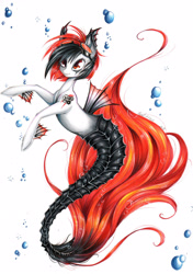 Size: 2056x2916 | Tagged: safe, artist:divinekitten, oc, oc only, merpony, bubble, commission, dorsal fin, fin wings, fins, fish tail, flowing tail, goggles, high res, jewelry, necklace, open mouth, red eyes, simple background, smiling, solo, swimming, tail, white background, wings