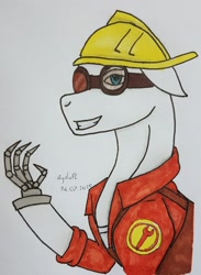 Size: 1997x2726 | Tagged: safe, artist:agdapl, earth pony, pony, amputee, bust, clothes, crossover, engineer, goggles, grin, gunslinger (tf2), hard hat, helmet, hoof hold, male, ponified, prosthetic limb, prosthetics, signature, smiling, solo, species swap