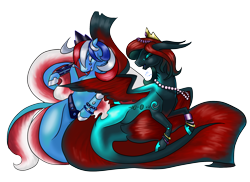 Size: 2339x1700 | Tagged: safe, artist:dragonademetal, oc, oc only, seapony (g4), colored pupils, crown, dorsal fin, eyes closed, female, fins, fish tail, flowing mane, flowing tail, hoof shoes, jewelry, multicolored hair, necklace, open mouth, pearl necklace, regalia, signature, simple background, smiling, spread wings, tail, transparent background, wings