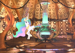 Size: 664x470 | Tagged: safe, artist:slabs37, edit, edited screencap, screencap, princess celestia, alicorn, pony, g4, doctor who, female, mare, photoshop, solo, tardis, tardis console room, tardis control room, xk-class end-of-the-universe scenario