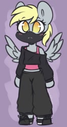 Size: 1264x2400 | Tagged: safe, artist:sakukitty, part of a set, derpy hooves, pegasus, semi-anthro, g4, arm hooves, clothes, face mask, mask, no pupils, off shoulder, off shoulder sweater, pants, solo, spread wings, sweater, sweatpants, tank top, wings