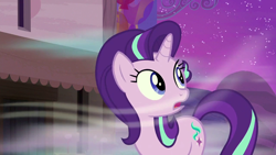 Size: 1280x720 | Tagged: safe, screencap, starlight glimmer, pony, unicorn, g4, season 6, to where and back again, female, night, shocked, solo, wind