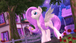 Size: 3840x2160 | Tagged: safe, artist:loveslove, fluttershy, pegasus, pony, g4, 3d, female, fence, flower, high res, night, outdoors, ponyville, smiling, solo, source filmmaker, stars, tree, well, wings