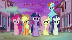 Size: 1280x720 | Tagged: safe, screencap, applejack, fluttershy, pinkie pie, rainbow dash, rarity, twilight sparkle, alicorn, earth pony, pegasus, pony, unicorn, g4, to where and back again, angry, applejack is not amused, applejack's hat, cowboy hat, evil applejack, evil fluttershy, evil mane six, evil pinkie pie, evil rainbow dash, evil rarity, evil twilight, fluttershy is not amused, hat, mane six, night, pinkie pie is not amused, rainbow dash is not amused, rarity is not amused, twilight sparkle (alicorn), twilight sparkle is not amused, unamused