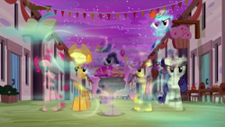 Size: 1280x720 | Tagged: safe, screencap, applejack, fluttershy, pinkie pie, rainbow dash, rarity, twilight sparkle, alicorn, earth pony, pegasus, pony, unicorn, g4, to where and back again, angry, applejack is not amused, applejack's hat, cowboy hat, evil applejack, evil fluttershy, evil mane six, evil pinkie pie, evil rainbow dash, evil rarity, evil twilight, female, fluttershy is not amused, hat, mane six, night, pinkie pie is not amused, rainbow dash is not amused, rarity is not amused, twilight sparkle (alicorn), twilight sparkle is not amused, unamused, wind