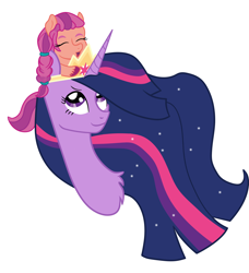 Size: 1800x1977 | Tagged: safe, artist:lemontea, sunny starscout, twilight sparkle, alicorn, earth pony, pony, g5, the last problem, braid, bust, crown, duo, ethereal mane, eyes closed, female, jewelry, looking up, mare, older, older twilight, older twilight sparkle (alicorn), open mouth, portrait, princess twilight 2.0, regalia, simple background, sitting on head, smiling, starry mane, sunny and her heroine, twilight sparkle (alicorn), unshorn fetlocks, vector