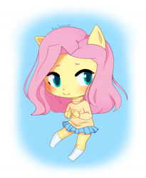 Size: 1296x1579 | Tagged: safe, artist:misssqueorge, part of a set, fluttershy, anthro, unguligrade anthro, g4, ambiguous facial structure, blushing, chibi, clothes, colored pupils, cute, finger, kneesocks, looking sideways, shyabetes, skirt, smiling, socks, solo, sweater, sweatershy