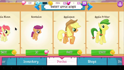 Size: 854x480 | Tagged: safe, gameloft, apple bloom, apple fritter, applejack, scootaloo, earth pony, pegasus, pony, g4, my little pony: magic princess, app, apple family member, applejack's hat, bits, bow, cowboy hat, female, filly, game, gem, hair bow, hat, heart, mountain, smiling, stars, store