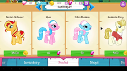Size: 854x480 | Tagged: safe, gameloft, aloe, lotus blossom, suave touch, sunset shimmer, earth pony, pony, unicorn, g4, app, arrow, bits, clothes, female, flower, game, gem, heart, siblings, sisters, smiling, spa twins, stars, suit, tree, twins