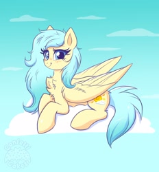 Size: 2252x2429 | Tagged: safe, artist:confetticakez, oc, oc only, pegasus, pony, blushing, cloud, happy, high res, looking at you, lying down, lying on a cloud, on a cloud, smiling, solo