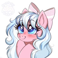 Size: 2124x2150 | Tagged: safe, artist:confetticakez, oc, oc only, pony, blushing, bow, cute, hair bow, happy, high res, smiling, solo, sparkly eyes, wingding eyes