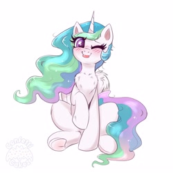 Size: 3000x3000 | Tagged: safe, artist:confetticakez, princess celestia, alicorn, pony, g4, ;p, blushing, chest fluff, cute, cutelestia, eyebrows, eyebrows visible through hair, female, frog (hoof), high res, looking at you, mare, one eye closed, raspberry, simple background, sitting, smiling, solo, tongue out, underhoof, white background, wink, winking at you