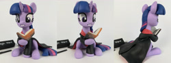 Size: 5184x1920 | Tagged: safe, artist:sparkle257, twilight sparkle, pony, g4, book, clothes, cosplay, costume, craft, female, figurine, harry potter (series), hoof hold, irl, magic wand, mare, photo, sculpture, solo, traditional art