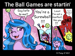 Size: 1024x768 | Tagged: source needed, safe, artist:x-fang-z, izzy moonbow, twilight sparkle, alicorn, pony, unicorn, g5, ball, comic, cute, duo, duo female, female, horn, horn impalement, hornball, izzy's tennis ball, izzybetes, mare, purple mane, purple skin, simple background, tennis ball, text, twilight sparkle (alicorn)