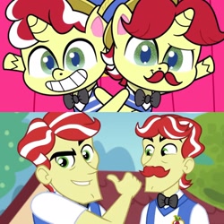 Size: 2289x2289 | Tagged: safe, edit, edited screencap, screencap, flam, flim, pony, unicorn, equestria girls, equestria girls specials, g4, g4.5, lolly-pop, my little pony equestria girls: better together, my little pony equestria girls: holidays unwrapped, my little pony: pony life, the cider louse fools, comic, duo, duo male, flim flam brothers, grin, gritted teeth, high res, male, pony life interpretation, same energy, screencap comic, smiling, teeth