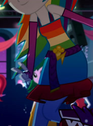 Size: 1920x2604 | Tagged: safe, screencap, rainbow dash, eqg summertime shorts, equestria girls, g4, raise this roof, armpits, belt, boobshot, boots, breasts, clothes, cropped, cutie mark, cutie mark on clothes, dancing, devil horn (gesture), faceless female, fall formal outfits, female, fingerless gloves, gloves, high res, offscreen character, pictures of chests, shoes, sleeveless, smiling, solo focus