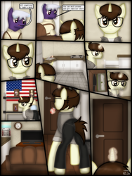Size: 1750x2333 | Tagged: safe, artist:99999999000, oc, oc only, oc:cwe, oc:firearm king, earth pony, pony, unicorn, comic:visit, american flag, clock, clothes, comic, couch, door, family photo, kitchen, living room, male, soda, television