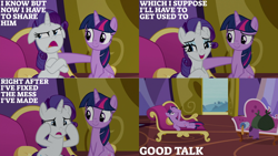 Size: 1280x720 | Tagged: safe, edit, edited screencap, editor:quoterific, screencap, rarity, twilight sparkle, alicorn, pony, unicorn, dragon dropped, g4, season 9, belly, couch, crossed arms, crossed hooves, duo, duo female, fainting couch, female, floppy ears, mare, open mouth, rarity is not amused, sitting, trash, twilight sparkle (alicorn), twilight's castle, unamused