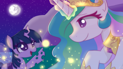 Size: 1920x1080 | Tagged: safe, artist:sunnyroop23, princess celestia, twilight sparkle, alicorn, changeling, firefly (insect), insect, pony, g4, alternate universe, changelingified, fanfic art, female, filly, filly twilight sparkle, mare in the moon, momlestia, moon, purple changeling, species swap, twiling, unicorn twilight, younger