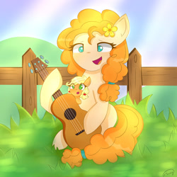 Size: 1280x1280 | Tagged: safe, artist:sunnyroop23, applejack, pear butter, earth pony, pony, g4, cute, female, fence, filly, filly applejack, foal, guitar, jackabetes, mare, musical instrument, open mouth, pearabetes, playing instrument, singing, younger