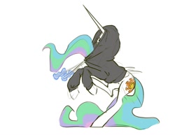Size: 1211x933 | Tagged: safe, artist:nadnerbd, princess celestia, alicorn, pony, clothes, cute, cutelestia, drawstrings, female, hoodie, implied princess luna, magic, majestic as fuck, mare, sillestia, silly, silly pony, simple background, sitting, sketch, solo, stuck, telekinesis, wardrobe malfunction, white background, wings
