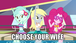 Size: 800x450 | Tagged: safe, edit, edited screencap, screencap, derpy hooves, lyra heartstrings, pinkie pie, human, equestria girls, equestria girls series, g4, i'm on a yacht, spoiler:eqg series (season 2), caption, choose your wife, clothes, image macro, makeameme.org, swimsuit, teenager, text