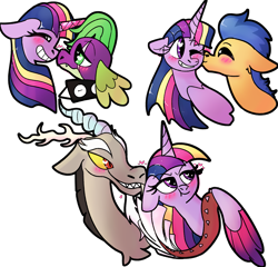 Size: 2245x2154 | Tagged: safe, artist:northernlightsone, discord, flash sentry, spike, twilight sparkle, alicorn, pegasus, pony, g4, alternate hairstyle, alternate universe, artificial horn, blushing, boop, broken horn, bust, cheek kiss, collar, crystal horn, eye scar, female, floppy ears, grin, heart, heart eyes, high res, horn, kissing, male, mare, noseboop, one eye closed, prosthetic horn, prosthetics, scar, ship:discolight, ship:flashlight, ship:twispike, shipping, simple background, smiling, spiked collar, stallion, straight, transparent background, tsundere, tsunlight sparkle, twilight sparkle (alicorn), twilight sparkle gets all the stallions, wingding eyes, wink