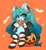 Size: 1456x1571 | Tagged: safe, artist:oofycolorful, kotobukiya, bat, bat pony, pony, anime, bat wings, blushing, bow, bowtie, candy, candy cane, clothes, crossover, cute, fangs, food, halloween, halloween miku, hatsune miku, holiday, jack-o-lantern, kotobukiya hatsune miku pony, licking, orange background, ponified, pumpkin, simple background, socks, solo, striped socks, tongue out, vocaloid, wings