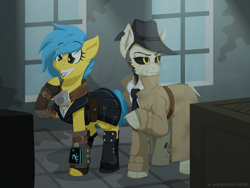 Size: 1600x1200 | Tagged: safe, artist:willoillo, oc, earth pony, pony, robot, robot pony, fallout equestria, clothes, commission, duo, earth pony oc, fallout, fallout 4, hat, male, necktie, nick valentine, pipbuck, synth