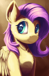 Size: 1800x2800 | Tagged: safe, artist:ravistdash, fluttershy, pegasus, pony, g4, bust, cute, female, fluffy, high res, looking at something, mare, portrait, shyabetes, simple background, sitting, smiling, solo, wallpaper, wings