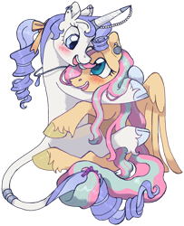 Size: 1280x1579 | Tagged: safe, artist:universalheart, fluttershy, rarity, classical unicorn, pegasus, pony, unicorn, g4, blushing, cloven hooves, female, horn, horn ring, hug, jewelry, leonine tail, lesbian, mare, ring, ship:flarity, shipping, simple background, tail, tail ring, transparent background, unshorn fetlocks
