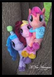 Size: 1230x1754 | Tagged: safe, artist:peruserofpieces, izzy moonbow, pipp petals, sunny starscout, earth pony, pegasus, pony, unicorn, g5, bag, ball, beanie (plushie), female, irl, izzy's tennis ball, looking at you, mare, photo, plushie, red eyes, red-eyed pipp, satchel, smiling, smiling at you, tennis ball, tree, trio, trio female