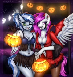 Size: 2050x2160 | Tagged: safe, artist:megabait, oc, ghost, pegasus, anthro, ;p, absolute cleavage, belly button, belly piercing, bellyring, breasts, cleavage, clothes, duo, duo female, ear piercing, earring, female, gloves, grin, halloween, high res, holiday, jewelry, midriff, mist, night, one eye closed, piercing, pumpkin, pumpkin bucket, smiling, tongue out