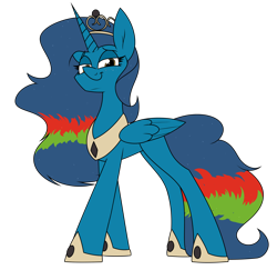 Size: 2452x2383 | Tagged: safe, artist:moonatik, oc, oc only, oc:blue sky, alicorn, pony, alicorn oc, crown, high res, horn, jewelry, peytral, princess, raffle prize, regalia, simple background, smug, solo, tiara, transparent background, wings