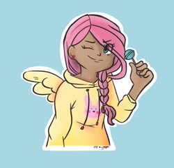 Size: 1517x1464 | Tagged: safe, artist:colourmyworldrainbow, fluttershy, human, g4, blue background, candy, clothes, dark skin, eye clipping through hair, female, food, hoodie, humanized, lollipop, moderate dark skin, one eye closed, simple background, sweater, sweatershy, winged humanization, wings, wink