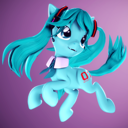 Size: 2160x2160 | Tagged: safe, alternate version, artist:psfmer, kotobukiya, earth pony, pony, 3d, anime, bowtie, collar, female, gradient background, hatsune miku, headphones, high res, kotobukiya hatsune miku pony, looking up, mare, microphone, pigtails, ponified, revamped ponies, simple background, smiling, solo, source filmmaker, vocaloid