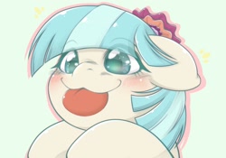 Size: 2048x1430 | Tagged: safe, artist:kurogewapony, coco pommel, earth pony, pony, g4, :3, :p, blushing, cocobetes, cute, female, floppy ears, large tongue, mare, mlem, silly, smiling, solo, sparkly eyes, tongue out, wingding eyes