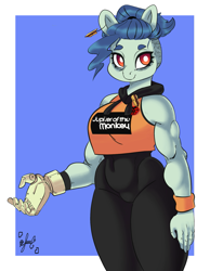Size: 1347x1739 | Tagged: safe, artist:pantheracantus, oc, oc only, oc:ruituri nox, anthro, clothes, ear piercing, earring, female, hoodie, jewelry, muscles, muscular female, piercing, pin, ponytail, prosthetic limb, prosthetics, simple background, the world ends with you, tight clothing, wide hips, wristband