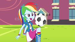 Size: 1920x1080 | Tagged: safe, screencap, rainbow dash, equestria girls, g4, my little pony equestria girls, female, football, soccer field, solo, sports