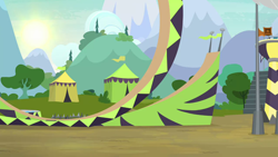 Size: 1280x720 | Tagged: safe, screencap, g4, the washouts (episode), background, bear trap, bleachers, mountain, no pony, pine tree, ramp, scenic ponyville, speaker, sun, swimming pool, tent, tree