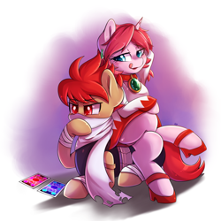 Size: 1056x1056 | Tagged: safe, artist:tikrs007, oc, oc only, oc:blitz drive, oc:diamond stellar, earth pony, pony, unicorn, card, clothes, commission, crossed legs, dress, duo, female, final fantasy, high heels, hoodie, lipstick, male, mare, scarf, shoes, sitting on person, sitting on pony, stallion, tongue out, white mage