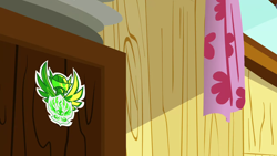 Size: 1280x720 | Tagged: safe, screencap, g4, the washouts (episode), background, clubhouse, crusaders clubhouse, curtains, liminal space, no pony, scenic ponyville, sticker, the washouts, window